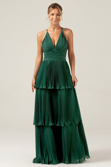 A-Line Tiered Chiffon Dark Green Long Bridesmaid Dress with Pleated